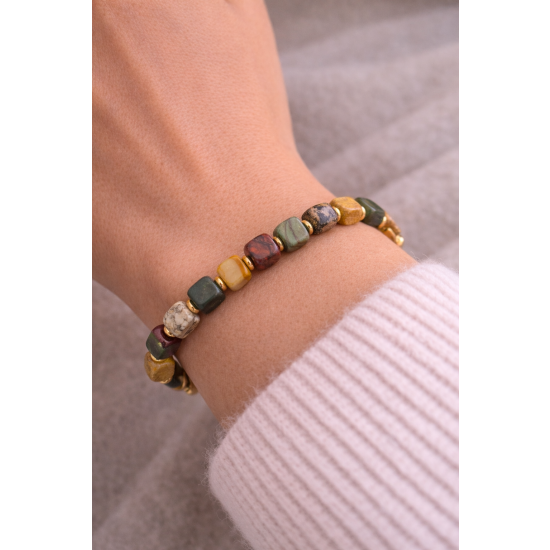 BRANSOLETKA Z KAMIENI NATURALNYCH – JASPIS W ODCIENIACH ZIEMI | ZŁOTE AKCENTY | HANDMADE